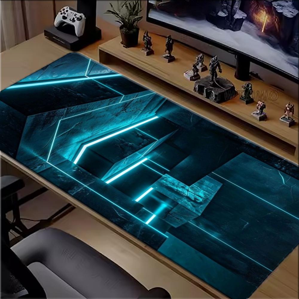 Office Tech Desk - Cyan Neon Tech Geometric Large Extended